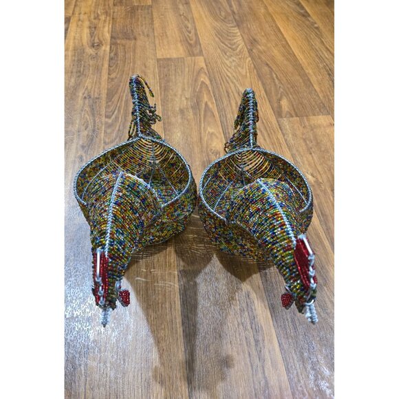Set Of 2 Handmade Beaded Wire Chicken Baskets For Decor Or Storage - Picture 6 of 12